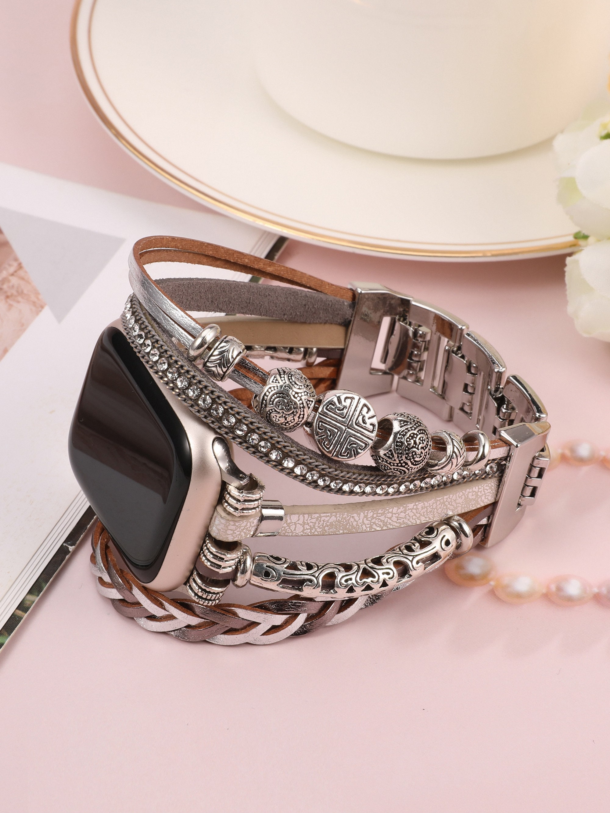 Leather Band Apple Watch Band 38mm 40mm 41mm 42mm 44mm 45mm 49mm Women, Multilayer Boho Bead Wrap Weave Leather Strap for iWatch Band Series