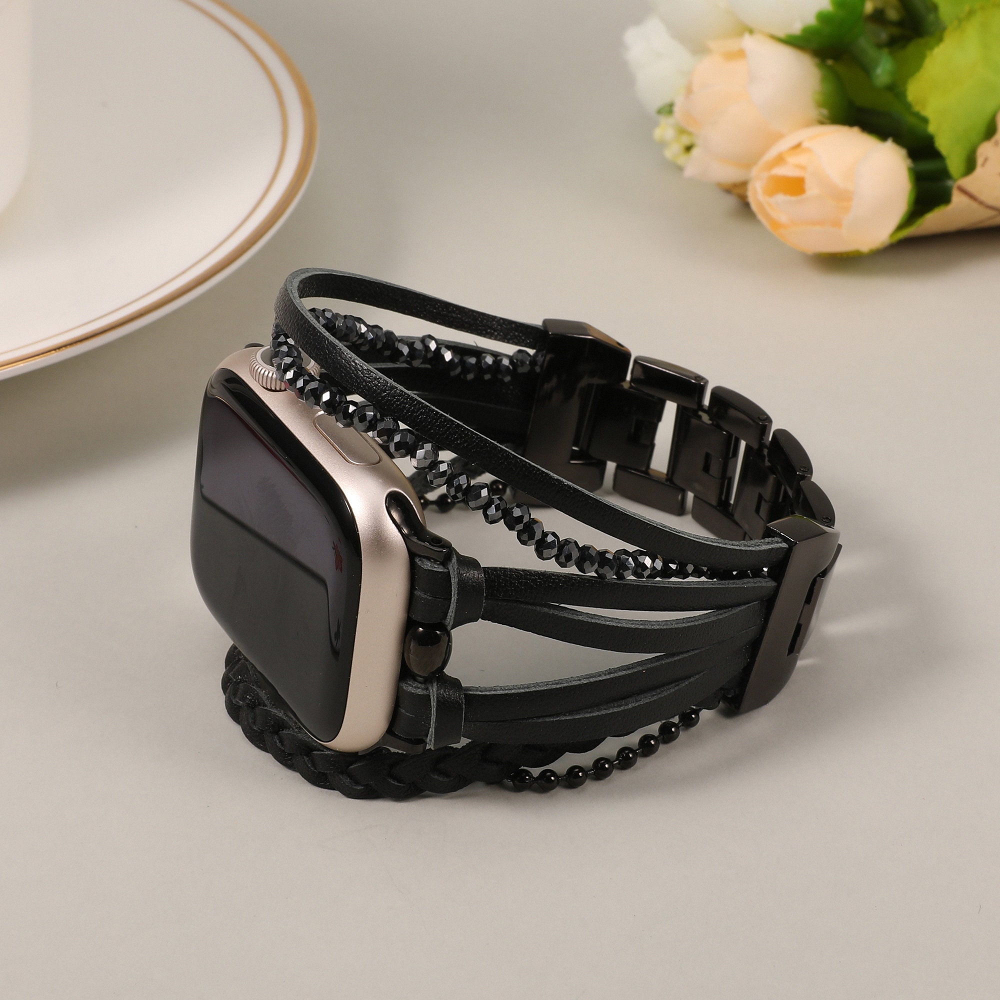 Leather Apple Watch Band 38mm 40mm 41mm 42mm 44mm 45mm 49mm Women , Handcrafted Boho Braided Bracelets Multilayer Wrap Strap iWatch Band