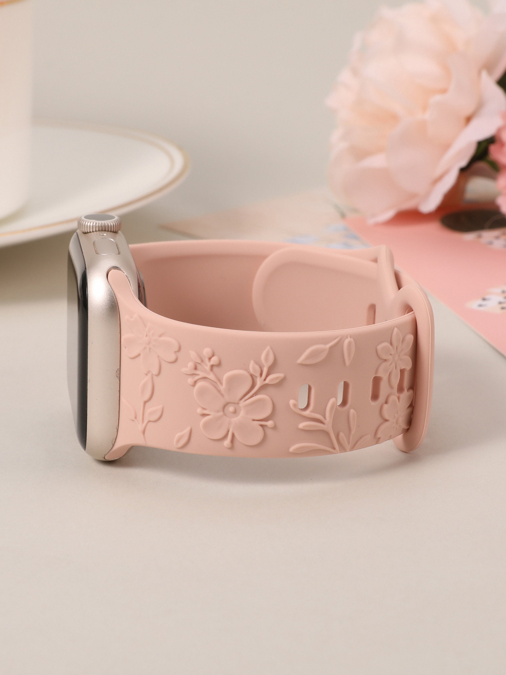 Floral Engraved Bands Apple Watch Band 40mm 41mm 38mm 42mm 44mm 45mm 49mm Women,Silicone Embossed Cherry Blossoms Band iWatch Series 9 8 7-1