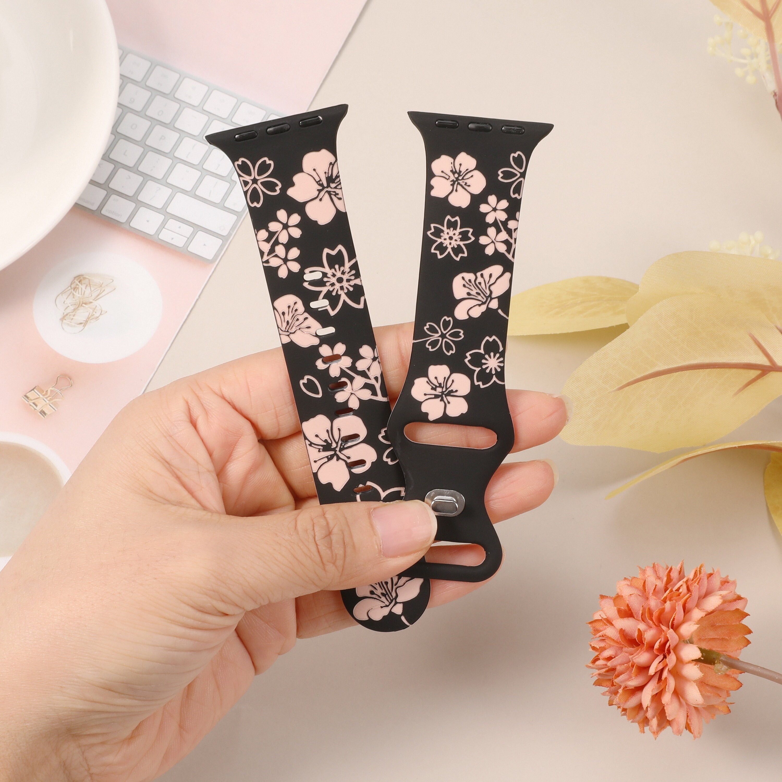 2 Pack Floral Engraved Silicone Apple Watch Band: Two-tone  display picture 2