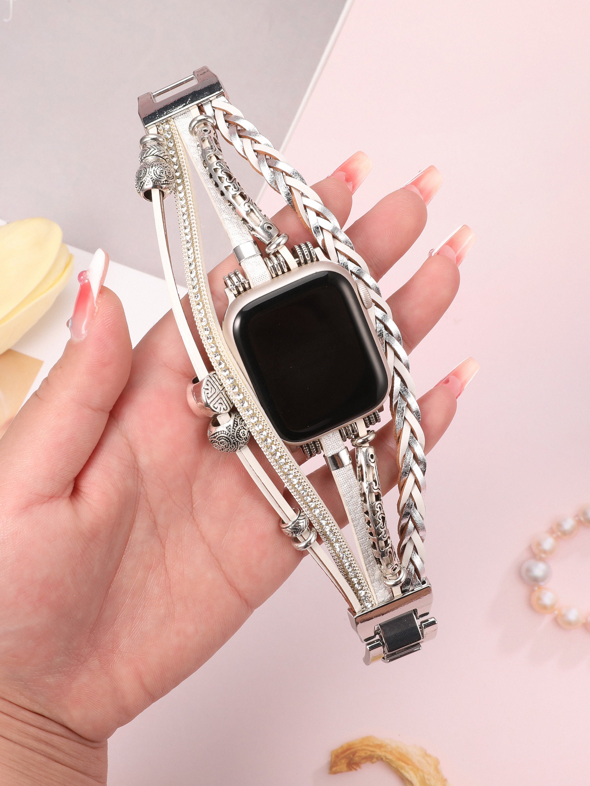 Leather Band Apple Watch Band 38mm 40mm 41mm 42mm 44mm 45mm 49mm Women, Multilayer Boho Bead Wrap Weave Leather Strap for iWatch Band Series