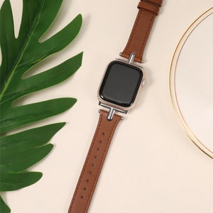 Leather Band for Apple Watch Band Women 38mm 40mm 41mm 42mm 44mm 45mm 49mm with Metal Buckle for iWatch Bands Ultra SE Series 9 8 7 6 5 4 3 Brown/Silver