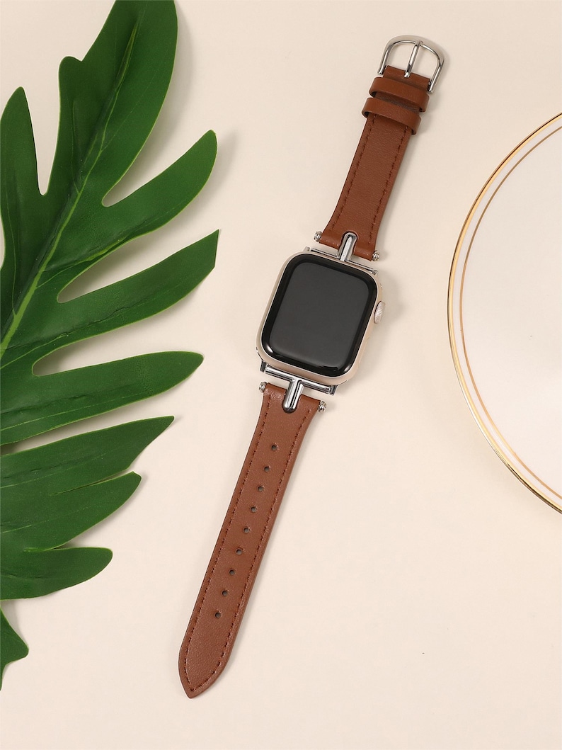Leather Band for Apple Watch Band Women 38mm 40mm 41mm 42mm 44mm 45mm 49mm with Metal Buckle for iWatch Bands Ultra SE Series 9 8 7 6 5 4 3 Brown/Silver