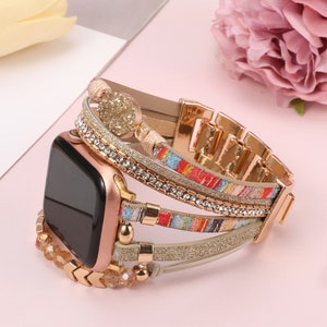 Boho Leather Bracelet Apple Watch Band 38/40/41/42/44/45/49mm Women Leather Multilayer Wrap Strap With Gemstone Crystals for iWatch Series BohoColor