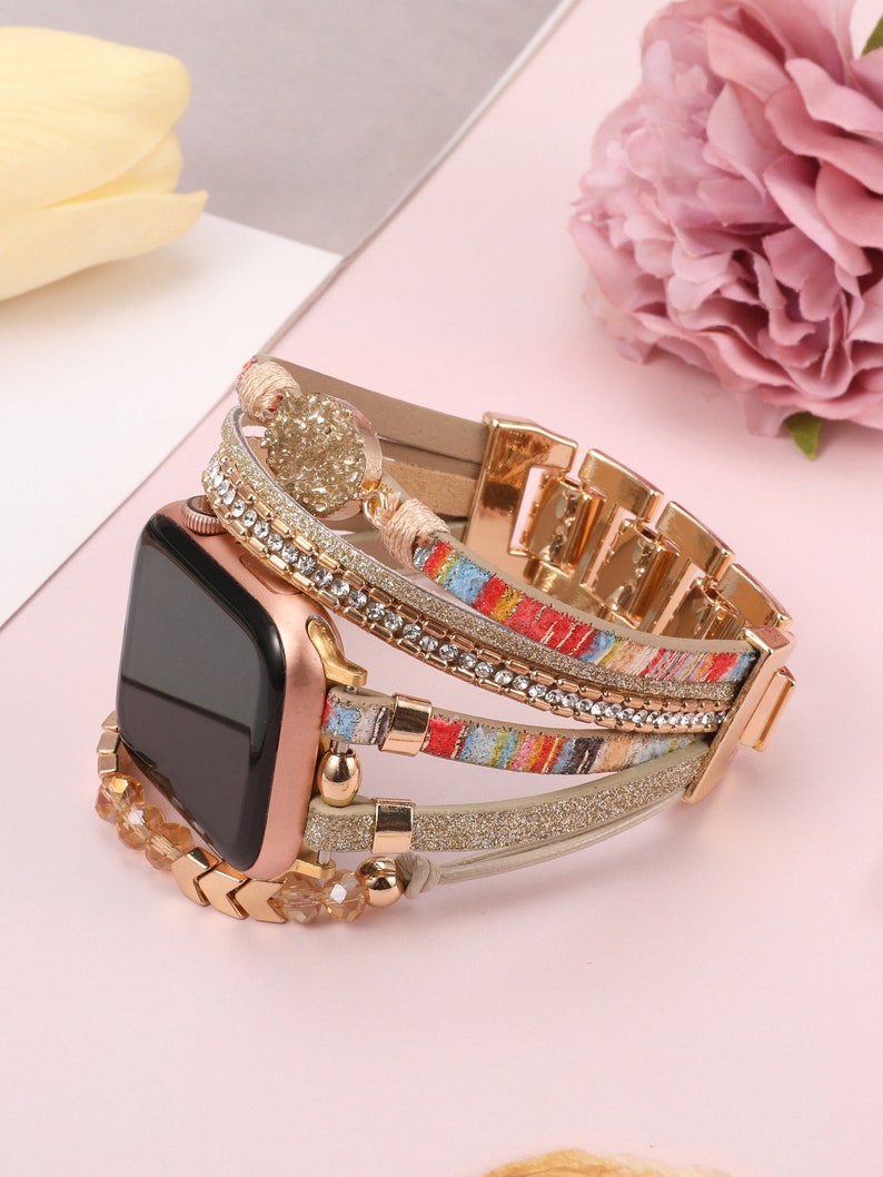 Boho Leather Bracelet Apple Watch Band 38/40/41/42/44/45/49mm Women Leather Multilayer Wrap Strap With Gemstone Crystals for iWatch Series zdjęcie 5