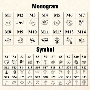 Pode incluir: Um gr&aacute;fico com duas se&ccedil;&otilde;es, "Monograma" e "S&iacute;mbolo". Cada se&ccedil;&atilde;o tem 14 quadrados com diferentes desenhos, incluindo iniciais, cora&ccedil;&otilde;es, flores e outros s&iacute;mbolos. Os quadrados s&atilde;o etiquetados com n&uacute;meros de 1 a 14.