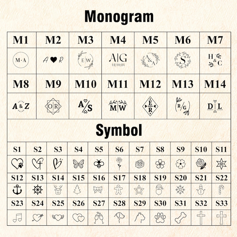 Pode incluir: Um gr&aacute;fico com duas se&ccedil;&otilde;es, "Monograma" e "S&iacute;mbolo". Cada se&ccedil;&atilde;o tem 14 quadrados com diferentes desenhos, incluindo iniciais, cora&ccedil;&otilde;es, flores e outros s&iacute;mbolos. Os quadrados s&atilde;o etiquetados com n&uacute;meros de 1 a 14.