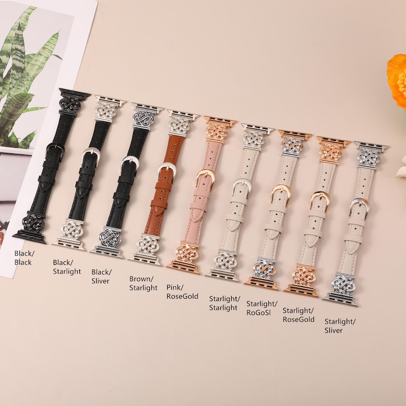 Full collection of Celtic knot leather apple watch bands in multiple colors and metal finishes