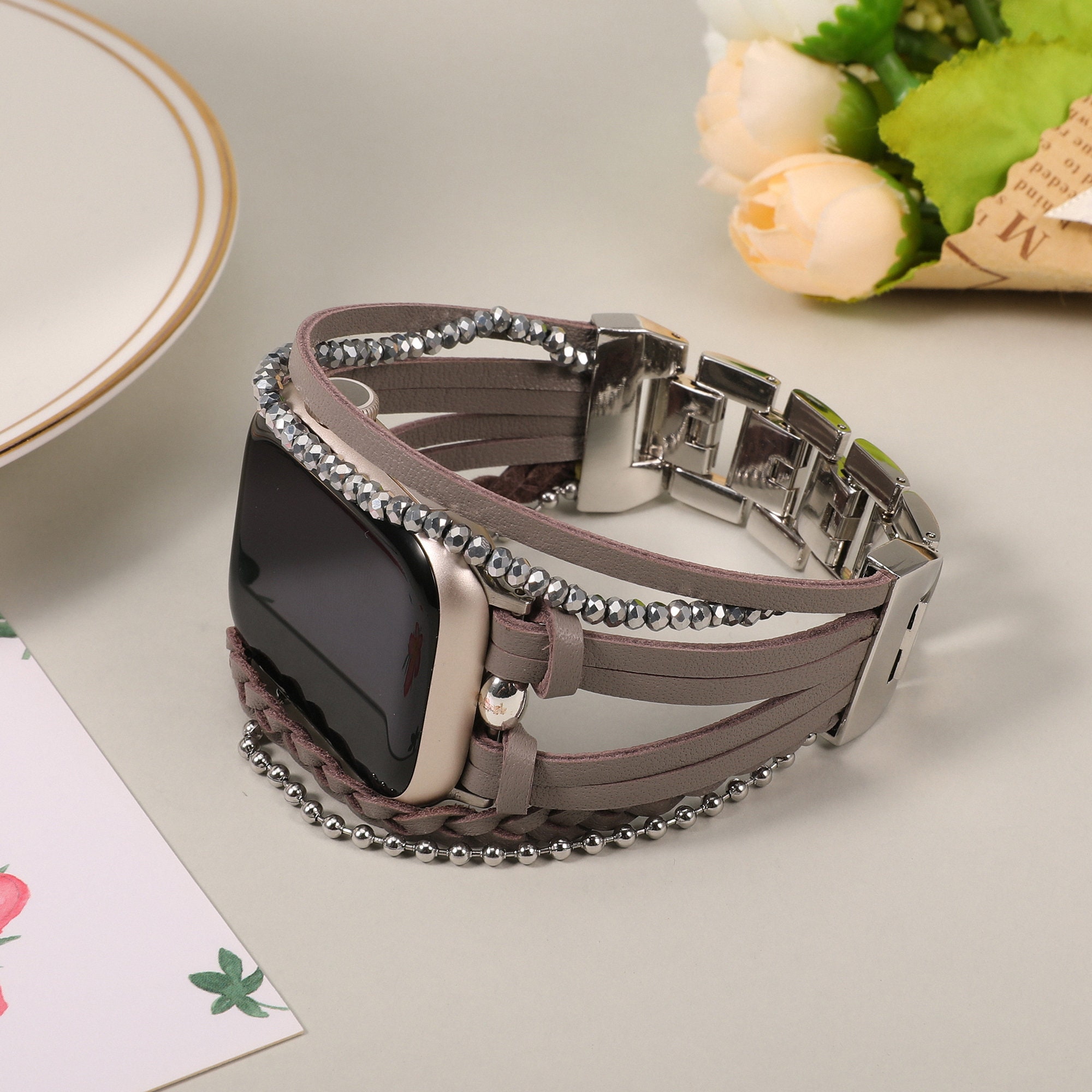 Leather Apple Watch Band 38mm 40mm 41mm 42mm 44mm 45mm 49mm Women , Handcrafted Boho Braided Bracelets Multilayer Wrap Strap iWatch Band