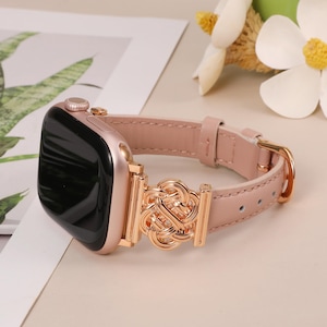 Romantic gift idea: Celtic-style leather apple watch band with unique metal floral connector