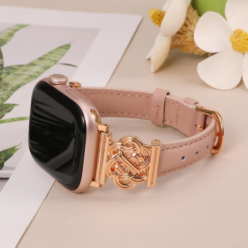 Romantic gift idea: Celtic-style leather apple watch band with unique metal floral connector