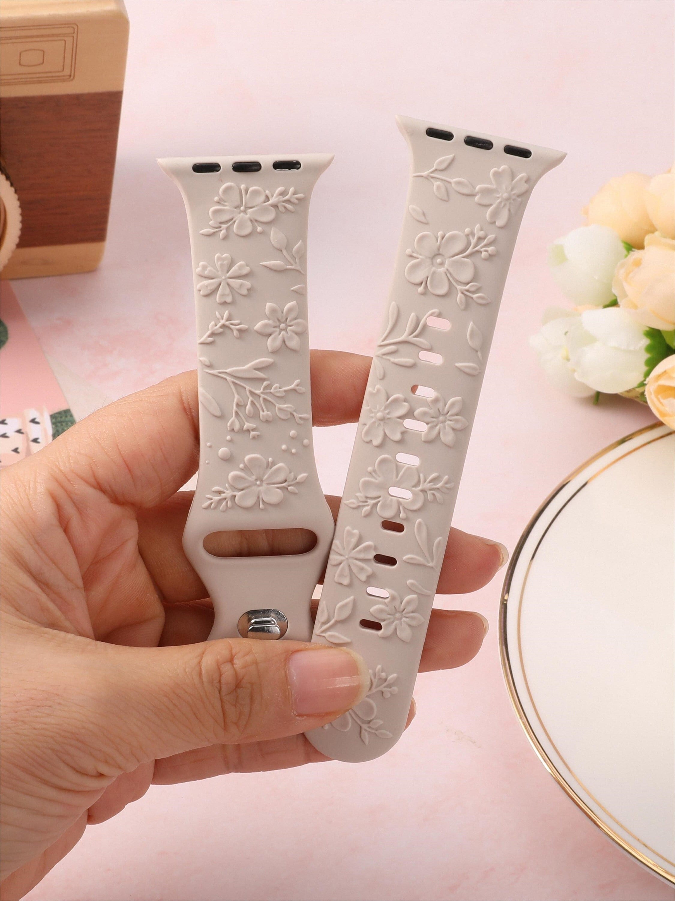 Floral Engraved Bands Apple Watch Band 40mm 41mm 38mm 42mm 44mm 45mm 49mm Women,Silicone Embossed Cherry Blossoms Band iWatch Series 9 8 7-1