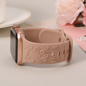 Floral Engraved Bands Apple Watch Band 40mm 41mm 38mm 42mm 44mm 45mm 49mm Women,Silicone Embossed Cherry Blossoms Band iWatch Series 9 8 7-1 Nude