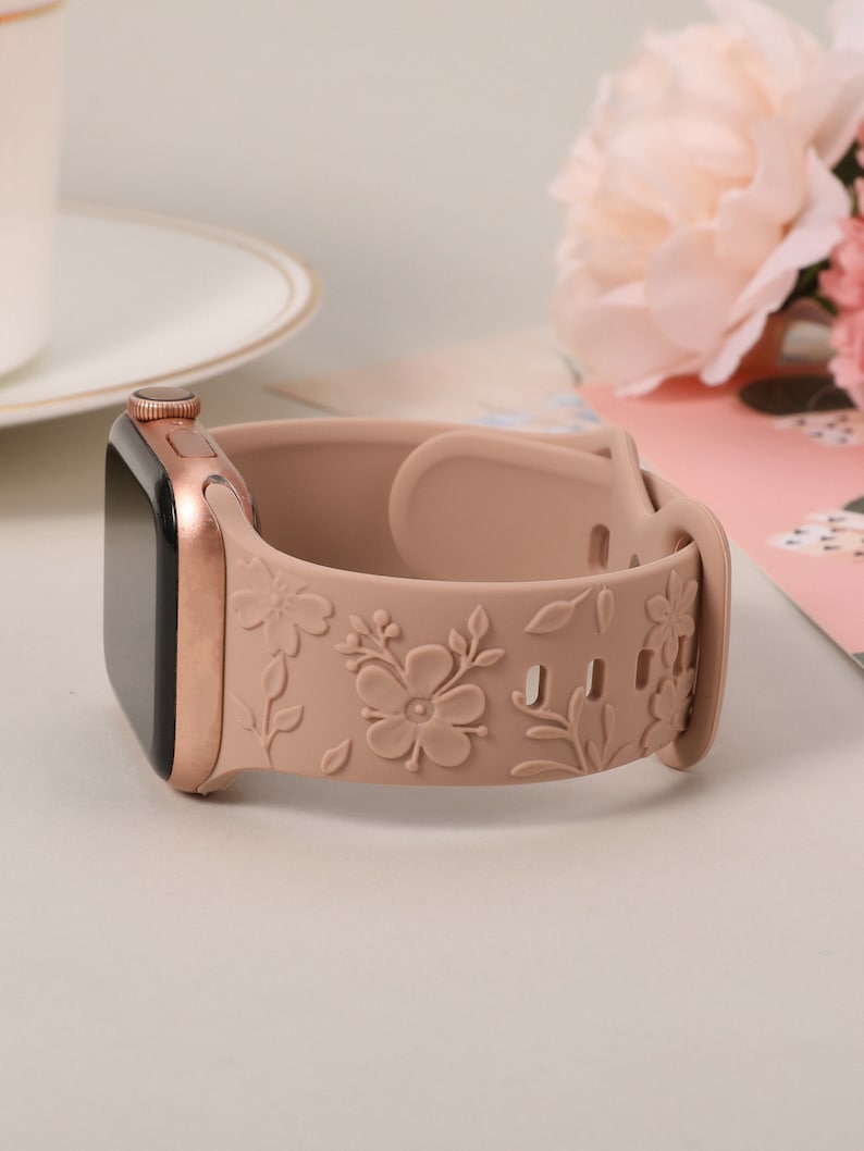 Floral Engraved Bands Apple Watch Band 40mm 41mm 38mm 42mm 44mm 45mm 49mm Women,Silicone Embossed Cherry Blossoms Band iWatch Series 9 8 7-1 Nude