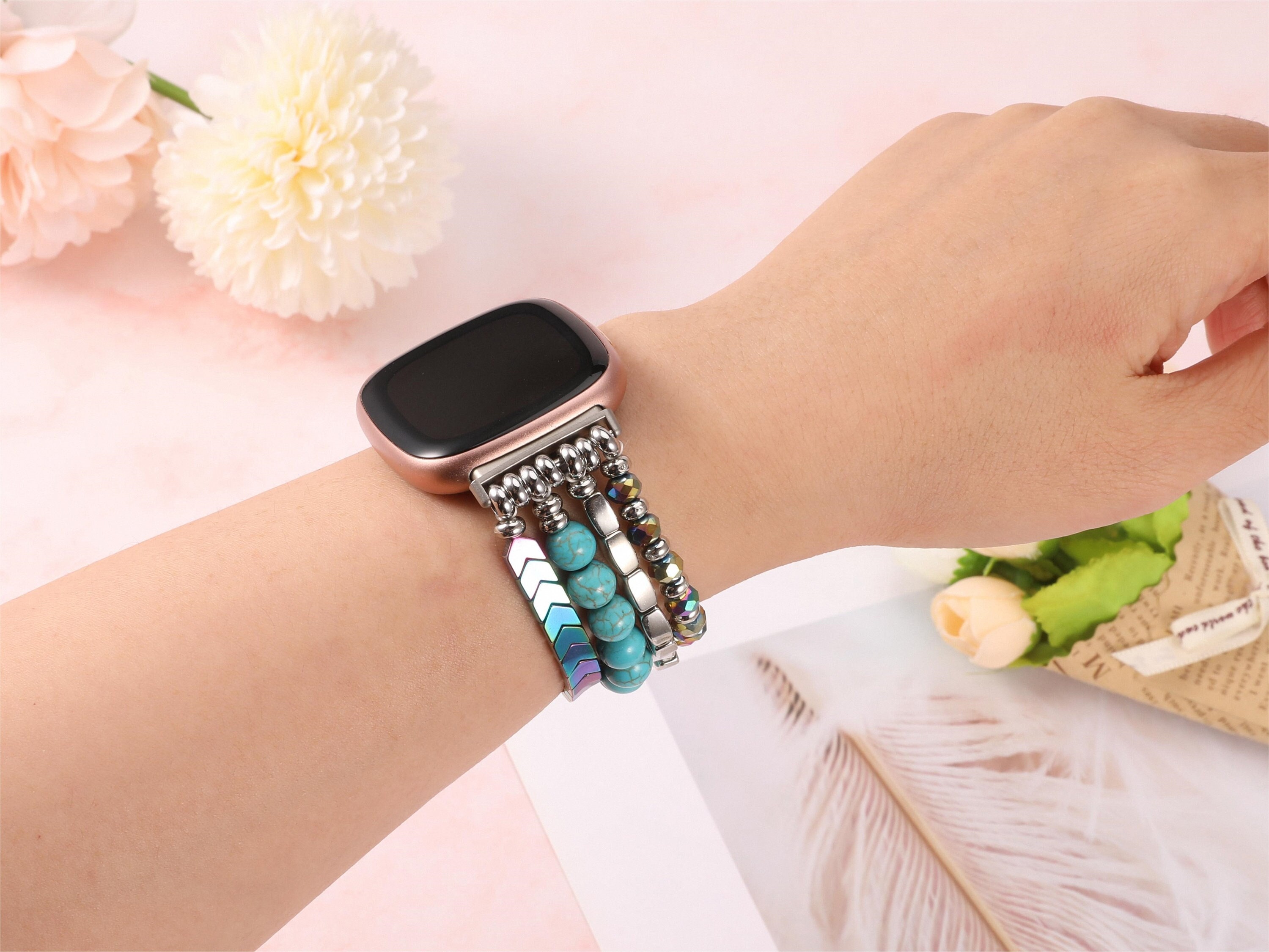  Beaded Bracelet Compatible for Fitbit Inspire 3 Women  Adjustable Handmade White Pearls Watch Band Repalcement Straps for Inspire  3 Accessories (Black) : Cell Phones & Accessories