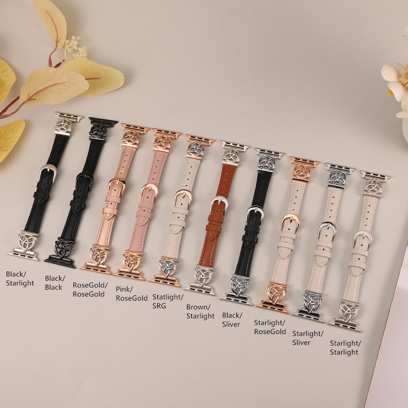 Stylish Apple Watch leather strap for women with adjustable buckle and bohemian Celtic design.