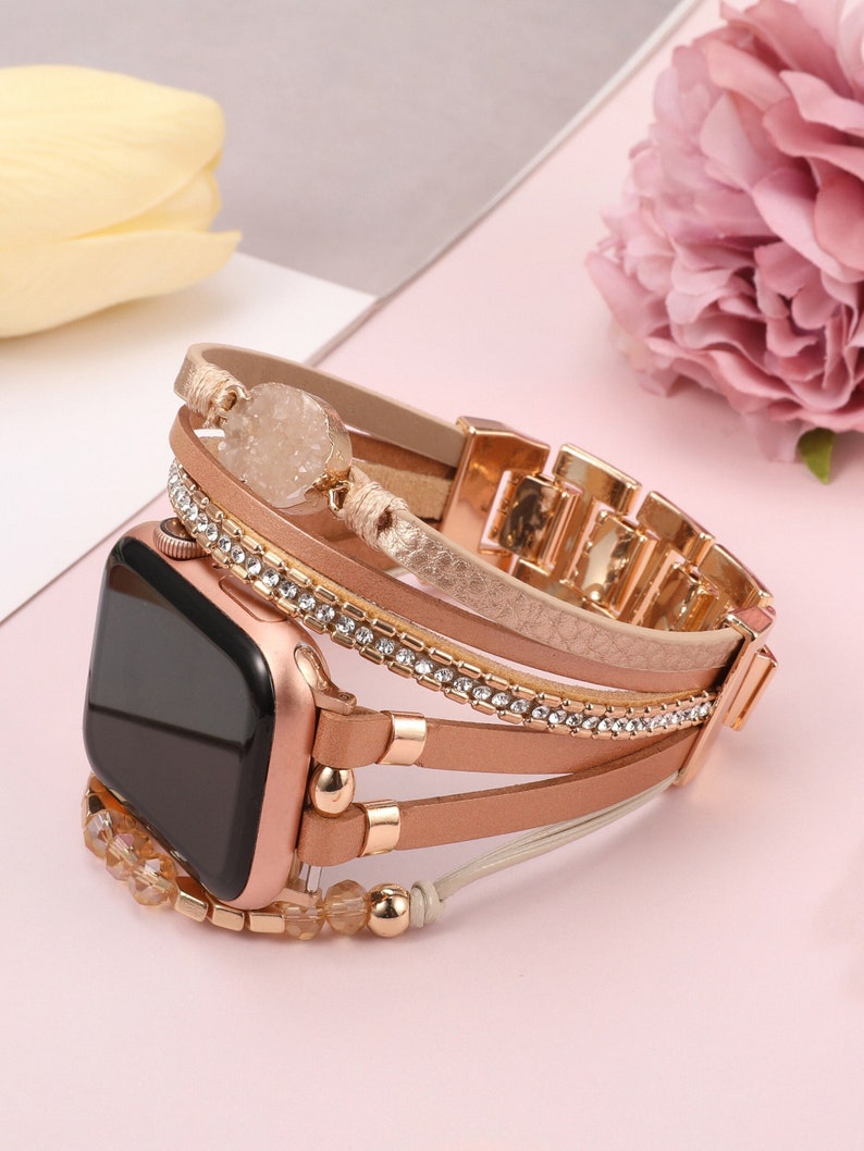 Boho Leather Bracelet Apple Watch Band 38/40/41/42/44/45/49mm Women Leather Multilayer Wrap Strap With Gemstone Crystals for iWatch Series Rose gold