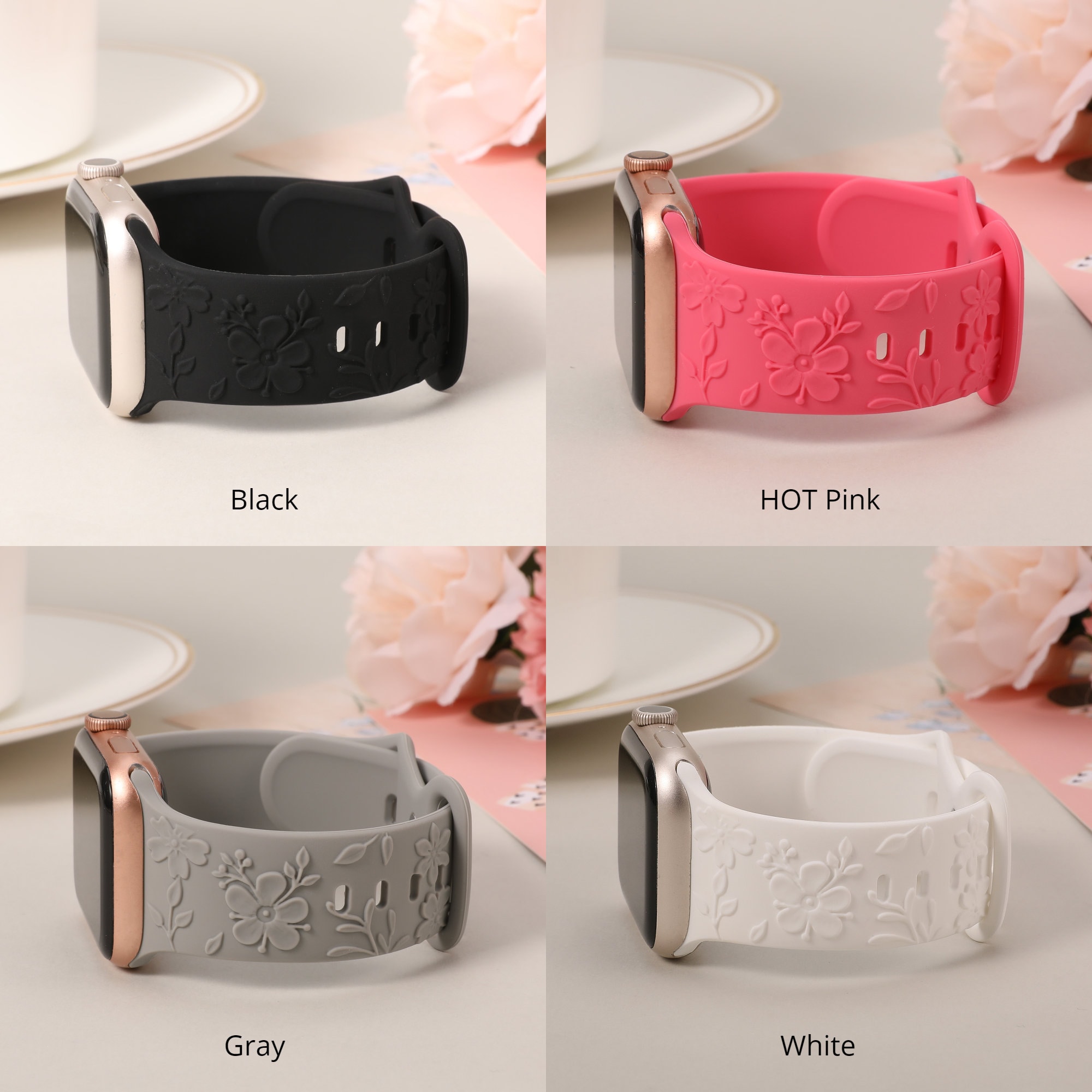Floral Engraved Bands Apple Watch Band 40mm 41mm 38mm 42mm 44mm 45mm 49mm Women,Silicone Embossed Cherry Blossoms Band iWatch Series 9 8 7-1