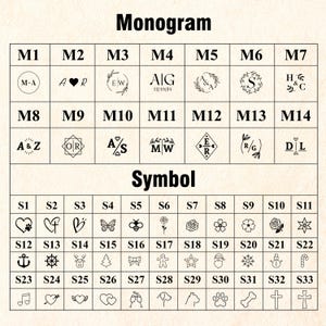 Puede incluir: Un gr&aacute;fico con dos secciones, "Monograma" y "S&iacute;mbolo". La secci&oacute;n "Monograma" muestra 14 dise&ntilde;os de monogramas diferentes, cada uno con una combinaci&oacute;n de letras y un n&uacute;mero del M1 al M14. La secci&oacute;n "S&iacute;mbolo" muestra 33 s&iacute;mbolos diferentes, cada uno con un n&uacute;mero del S1 al S33.