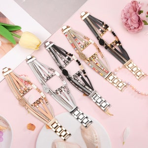 Boho Leather Bracelet Apple Watch Band 38/40/41/42/44/45/49mm Women Leather Multilayer Wrap Strap With Gemstone Crystals for iWatch Series 画像 8