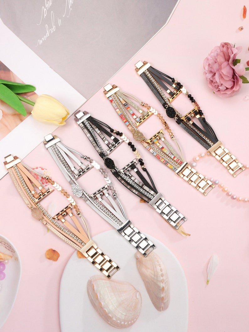 Boho Leather Bracelet Apple Watch Band 38/40/41/42/44/45/49mm Women Leather Multilayer Wrap Strap With Gemstone Crystals for iWatch Series 画像 8