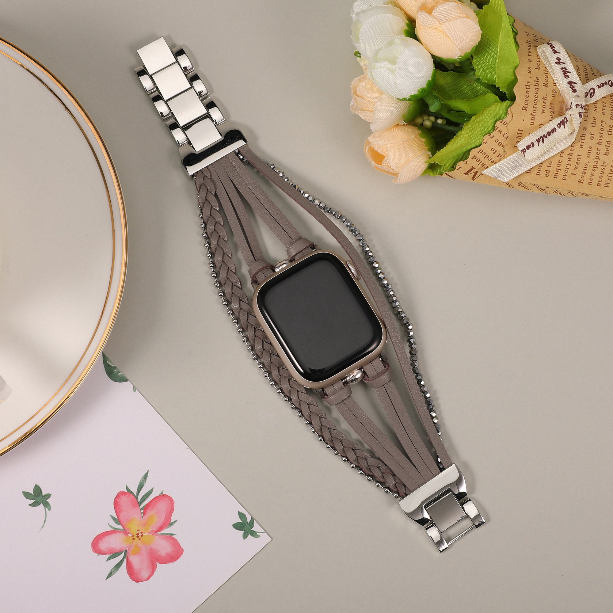 Leather Apple Watch Band 38mm 40mm 41mm 42mm 44mm 45mm 49mm Women , Handcrafted Boho Braided Bracelets Multilayer Wrap Strap iWatch Band