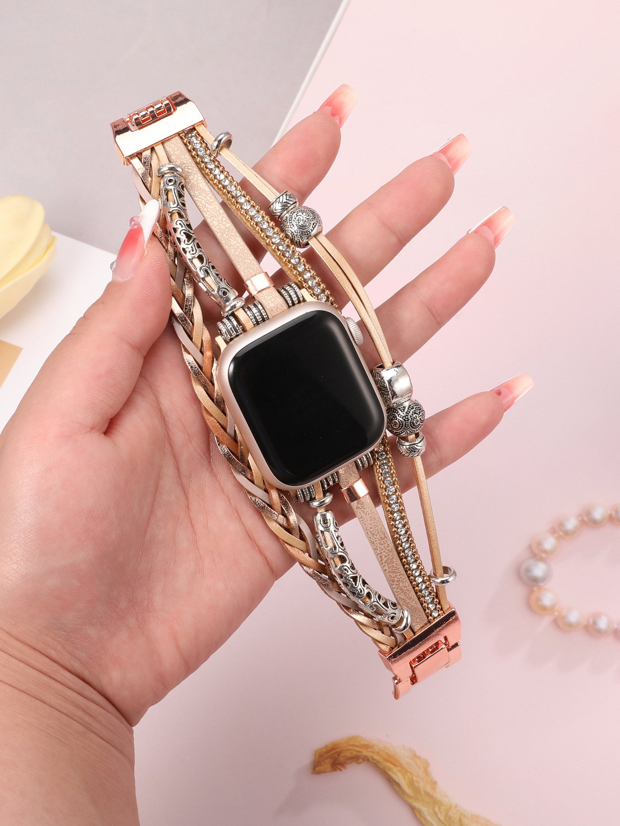 Leather Band Apple Watch Band 38mm 40mm 41mm 42mm 44mm 45mm 49mm Women, Multilayer Boho Bead Wrap Weave Leather Strap for iWatch Band Series