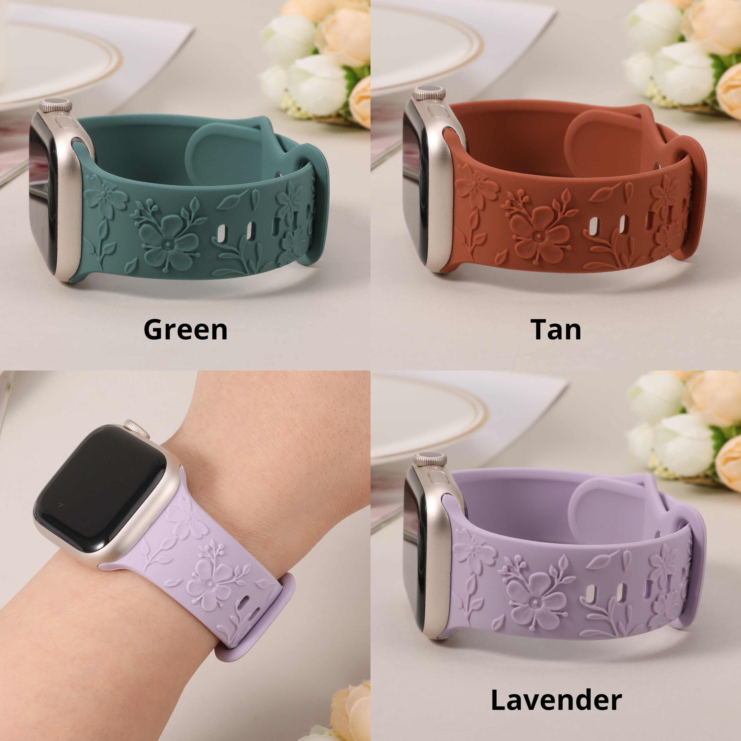 Floral Engraved Bands Apple Watch Band 40mm 41mm 38mm 42mm 44mm 45mm 49mm Women,Silicone Embossed Cherry Blossoms Band iWatch Series 9 8 7-1