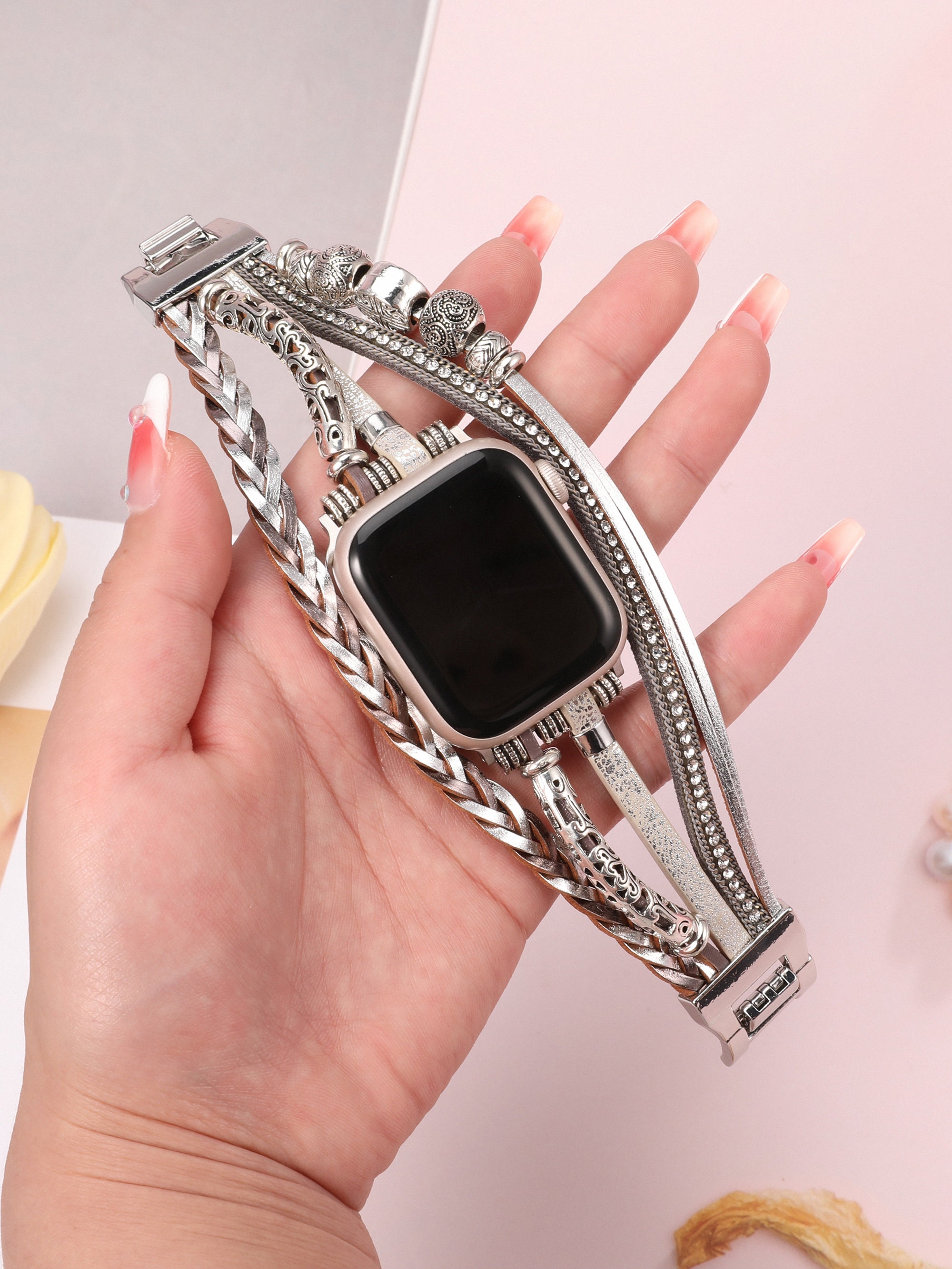 Leather Band Apple Watch Band 38mm 40mm 41mm 42mm 44mm 45mm 49mm Women, Multilayer Boho Bead Wrap Weave Leather Strap for iWatch Band Series
