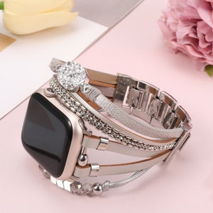 Boho Leather Bracelet Apple Watch Band 38/40/41/42/44/45/49mm Women Leather Multilayer Wrap Strap With Gemstone Crystals for iWatch Series シルバー