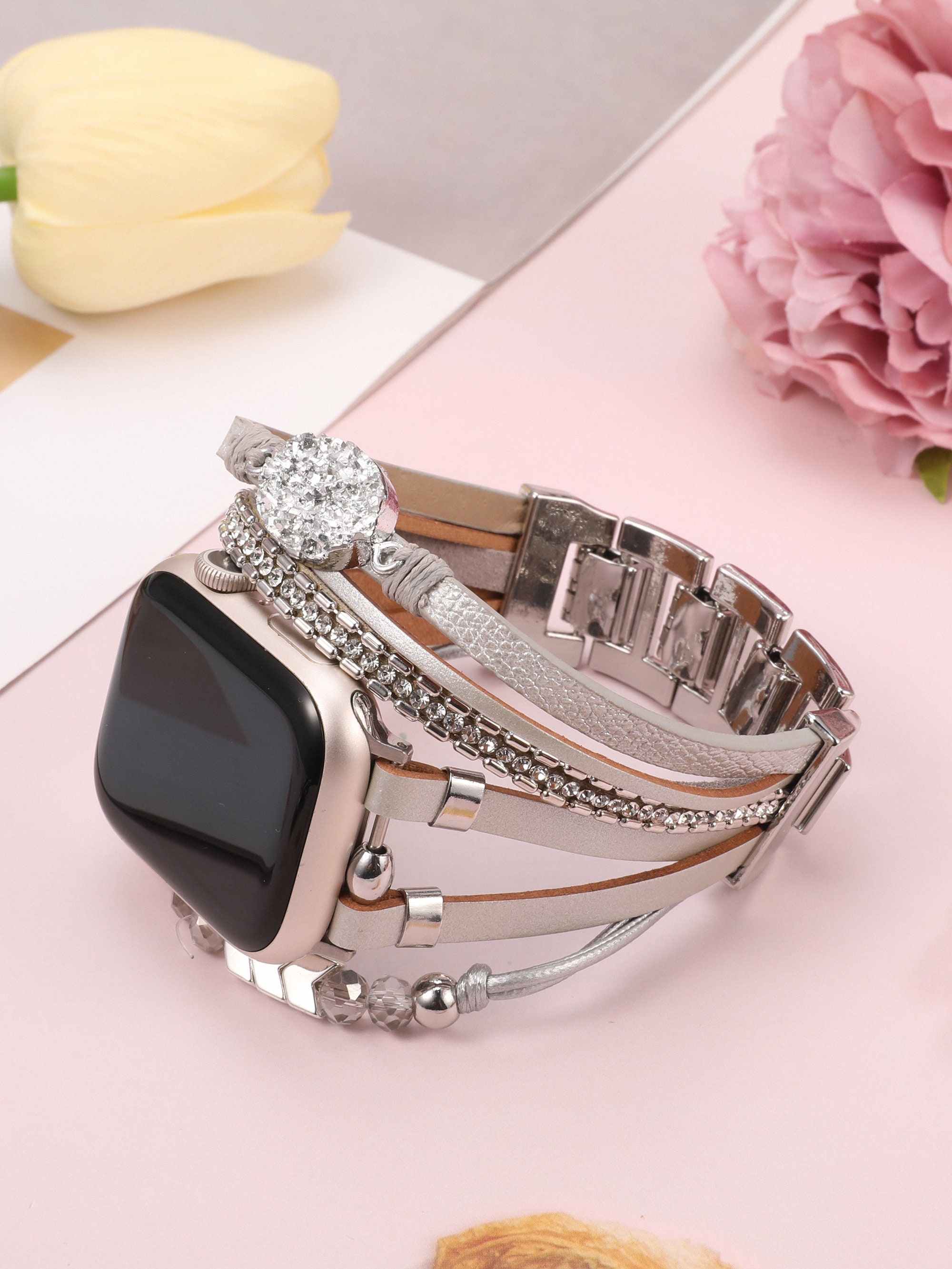 Boho Leather Bracelet Apple Watch Band 38/40/41/42/44/45/49mm Women Leather Multilayer Wrap Strap With Gemstone Crystals for iWatch Series