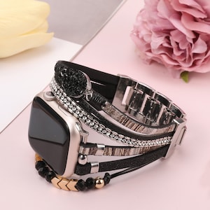 Boho Leather Bracelet Apple Watch Band 38/40/41/42/44/45/49mm Women Leather Multilayer Wrap Strap With Gemstone Crystals for iWatch Series Black/Silver