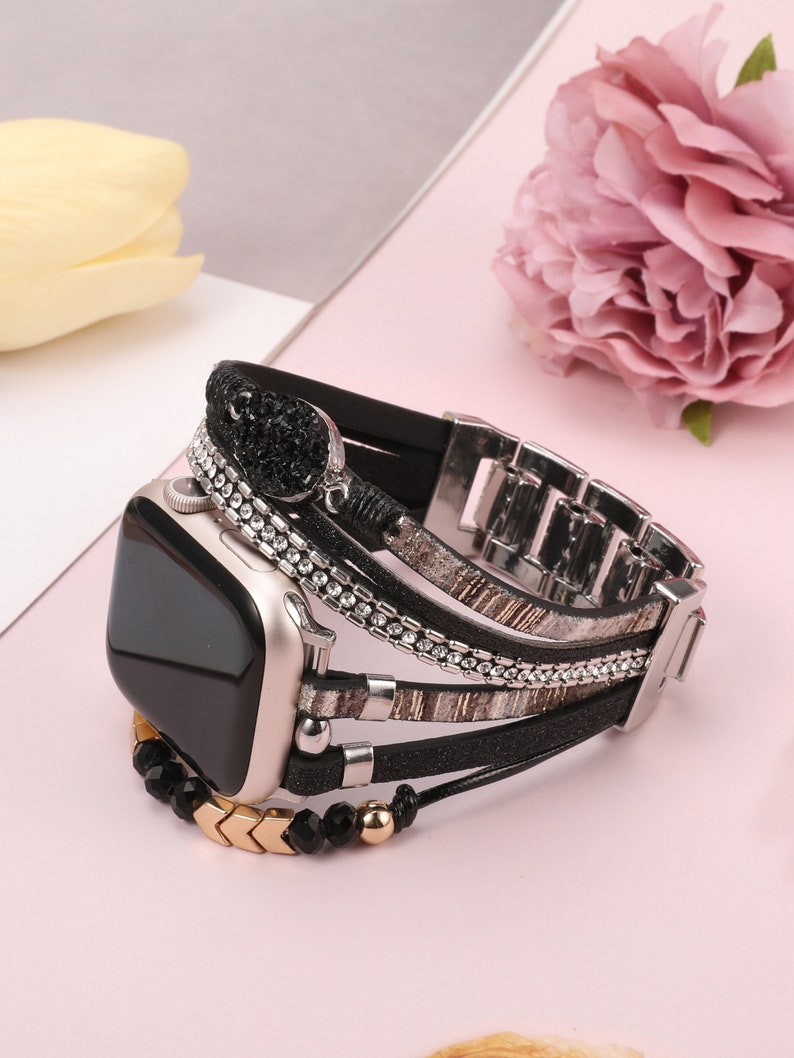 Boho Leather Bracelet Apple Watch Band 38/40/41/42/44/45/49mm Women Leather Multilayer Wrap Strap With Gemstone Crystals for iWatch Series Black/Silver