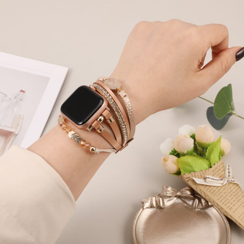 Boho Leather Bracelet Apple Watch Band 38/40/41/42/44/45/49mm Women Leather Multilayer Wrap Strap With Gemstone Crystals for iWatch Series 画像 1