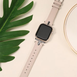 Leather Band for Apple Watch Band Women 38mm 40mm 41mm 42mm 44mm 45mm 49mm with Metal Buckle for iWatch Bands Ultra SE Series 9 8 7 6 5 4 3 Cream/Silver