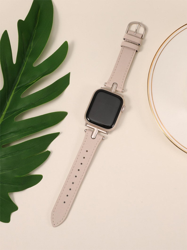Leather Band for Apple Watch Band Women 38mm 40mm 41mm 42mm 44mm 45mm 49mm with Metal Buckle for iWatch Bands Ultra SE Series 9 8 7 6 5 4 3 Cream/Starlight