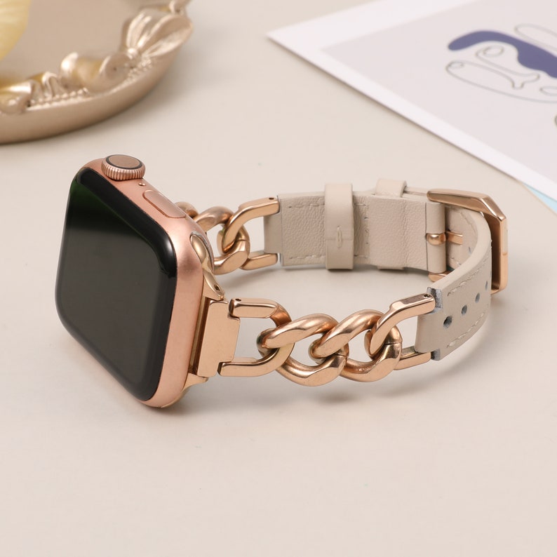 Apple Watch Band Leather 38mm 40mm 41mm 42mm 44mm 45mm 49mmUltra,Dressy Leather Strap with Stainless Chain for iWatch Bands Series 9 8-1SE Starlight/Rose Gold