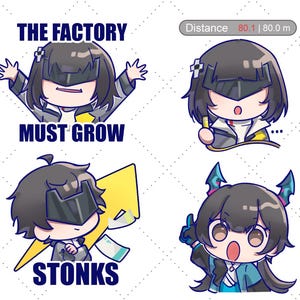 May include: A collection of six cartoon character stickers with various expressions and text. The phrases include "THE FACTORY MUST GROW", "STONKS", "CAN YOU LOCK TF IN?", and "UNEMPLOYED". Each character has a unique design and color scheme.