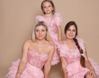 Mommy and Me Special Occasion Dress, Pink Tutu Dress for Girl and Mom, Birthday Girl Dress, Ostrich Dress, Prom Dress, Bridesmaids