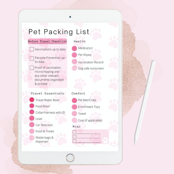 Pet Travel Packing List PRINTABLE DIGITAL DOWNLOAD Dog Etsy