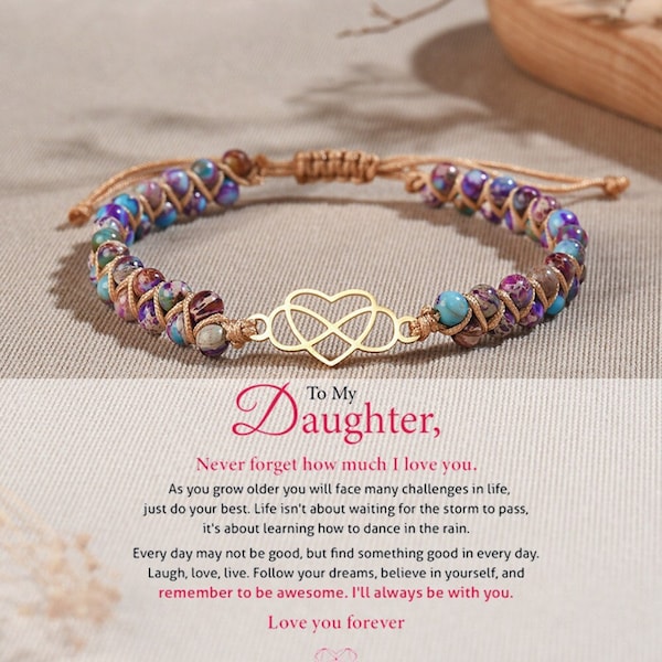 To My Daughter Love You Forever Infinity Heart Bracelet, Gemstone Beads Bracelet, Birthday Gift from Mom, Christmas Gift, Mother's Day Gift