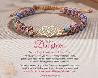 À ma fille t'aime pour toujours, bracelet coeur infini, bracelet de perles de pierres précieuses, cadeau d'anniversaire de maman, cadeau de Noël, cadeau de fête des mères