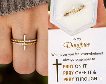 To My Daughter Pray Through It Double Cross Ring, Sterling Silver Ring for Women, Religious Christian Jewelry, Birthday Gift, Christmas Gift