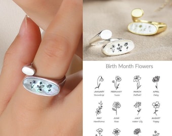 Personalized Birth Flower Ring, Mother of Pearl Ring, Custom Floral Signet Ring Women, Birthday Gift for Mom, Christmas Gift, Unique Gifts