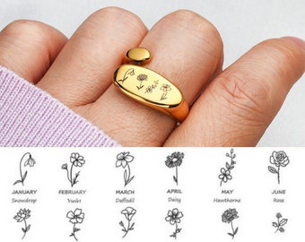 Personalized Birth Flower Ring, Custom Engraved Family Floral Ring, Chunky Gold Ring, Daughter Birthday Gift, Gift for Mom, Christmas Gift