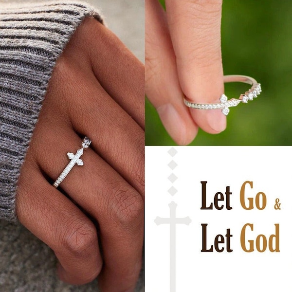 Let Go & Let God Pave Sideways Cross Ring, Sterling Silver Ring Women, Religious Christian Jewelry, Daughter Birthday Gift, Christmas Gift