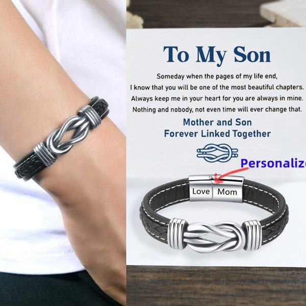 Mother and Son Forever Linked Together Braided Leather Bracelet, Infinity Knot Woven Cuff Bracelet Men, Son Birthday Gift, Christmas Gift