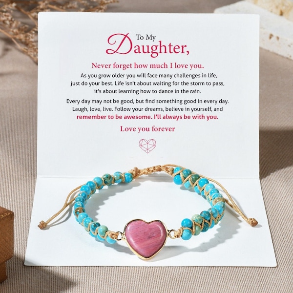 To My Daughter Love You Forever Jasper Heart Bracelet, Woven Braided Friendship Bracelet Women, Birthday Gift from Mom, Mother's Day Gift