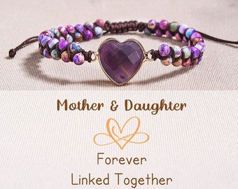 Mother & Daughter Forever Linked Together Amethyst Heart Bracelet, Gemstone Beads Bracelet, Birthday Gift, Mothers Day Gift, Christmas Gift