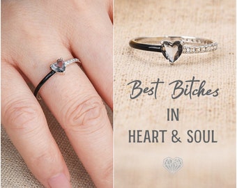 Best Bi*ches Matching Half Enamel Heart-Cut Ring, Inspirational Ring, Birthday Gift, Best Friend Gift, Mother's Day Gift, Christmas Gift